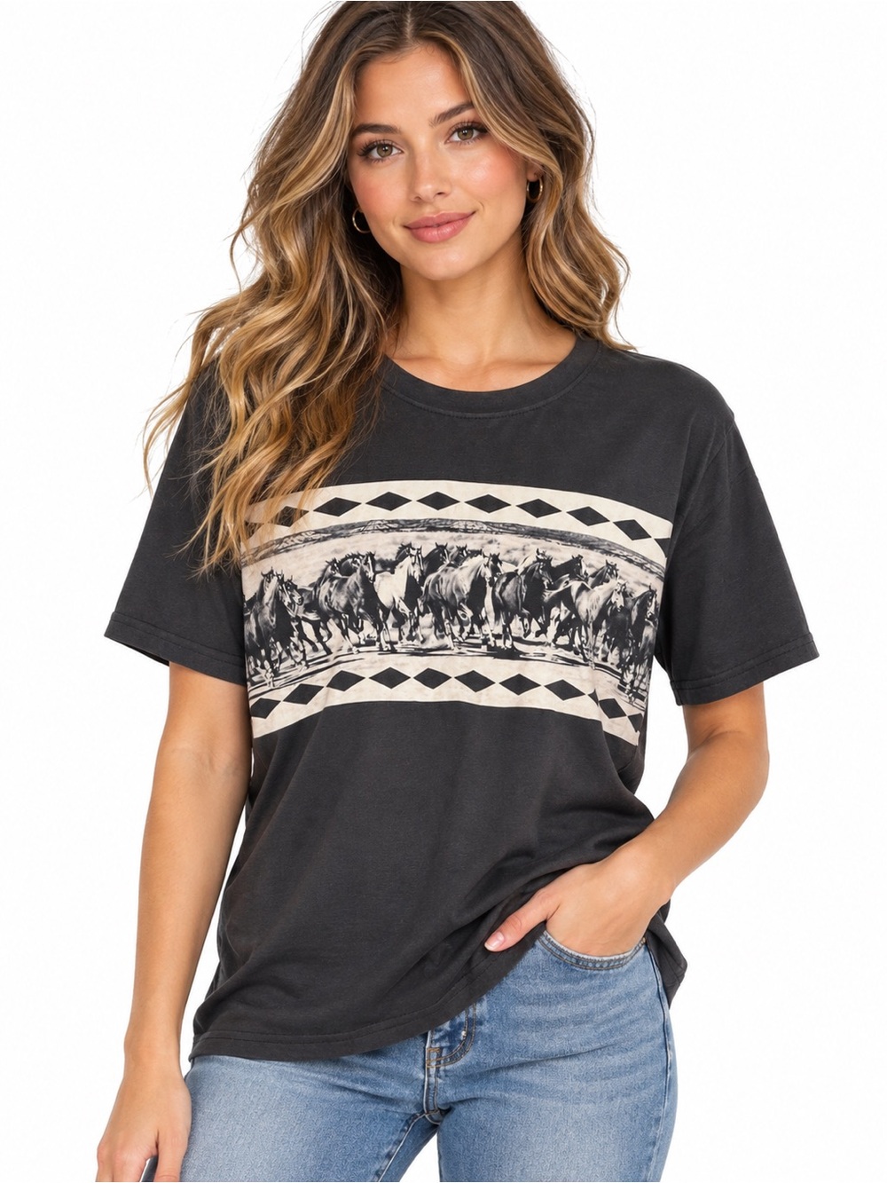Sterling Kreek Washed Black Graphic Horse-Print Tee